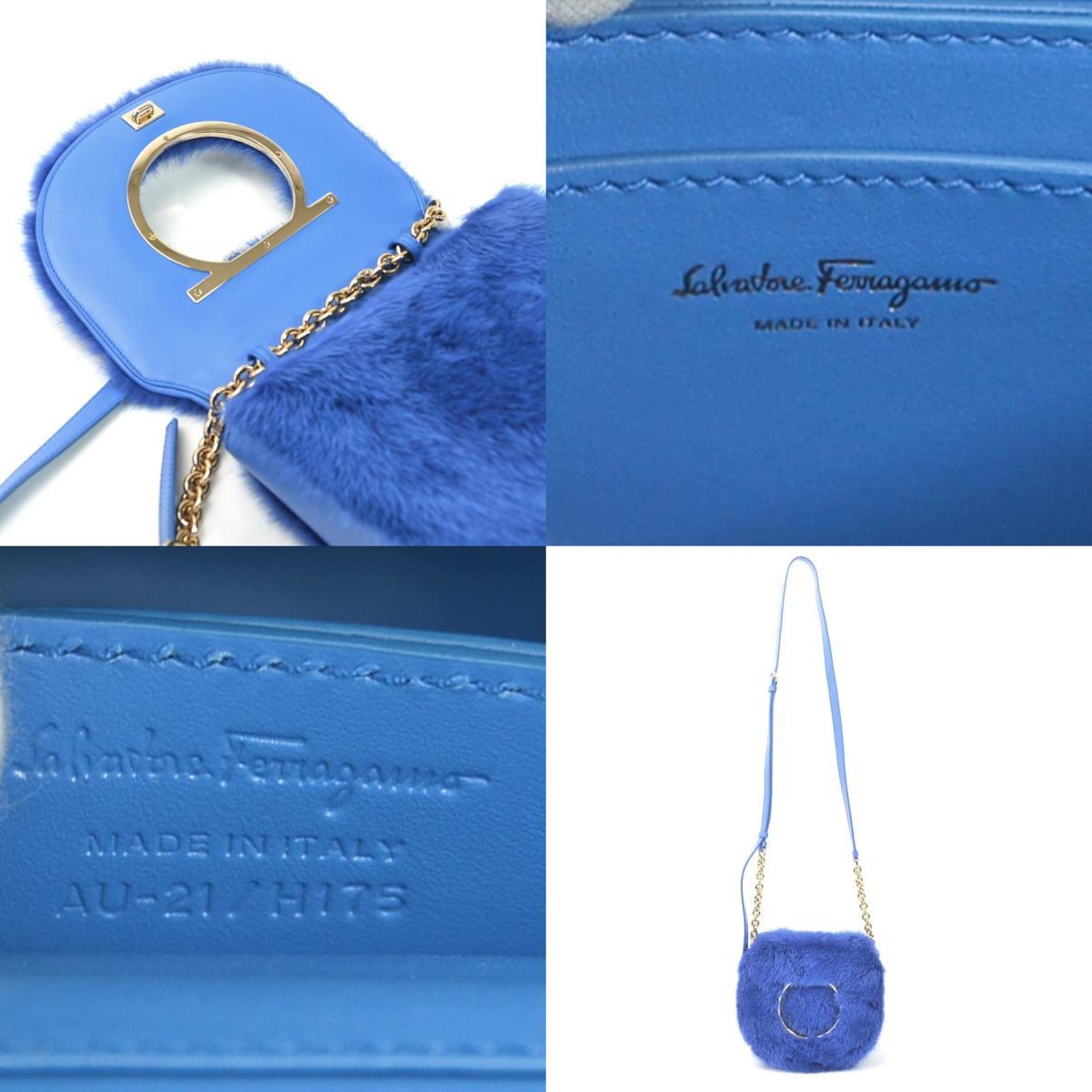 Salvatore Ferragamo Diagonal Shoulder Bag Gancini Fur/Leather Blue Ladies