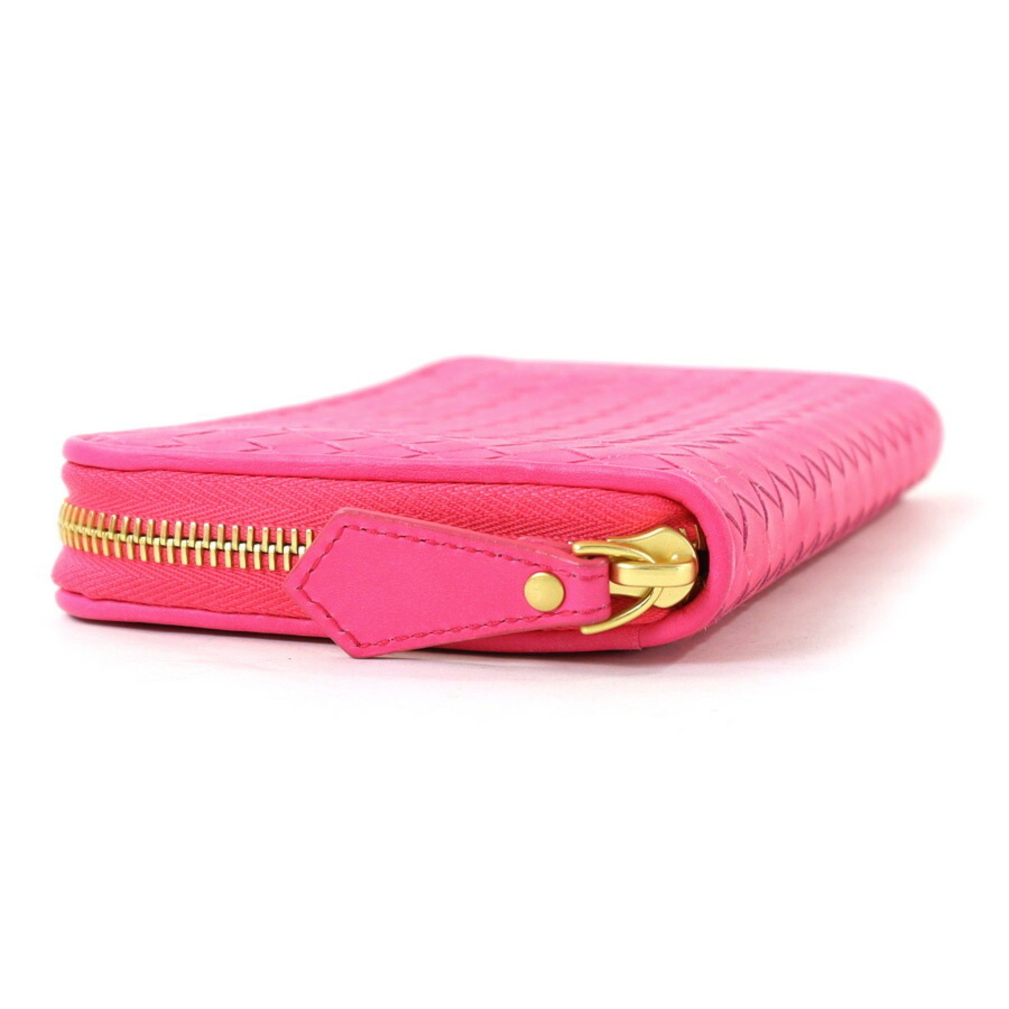 Bottega Veneta BOTTEGAVENETA Round Zipper Long Wallet Intrecciato Leather Pink Gold Women's