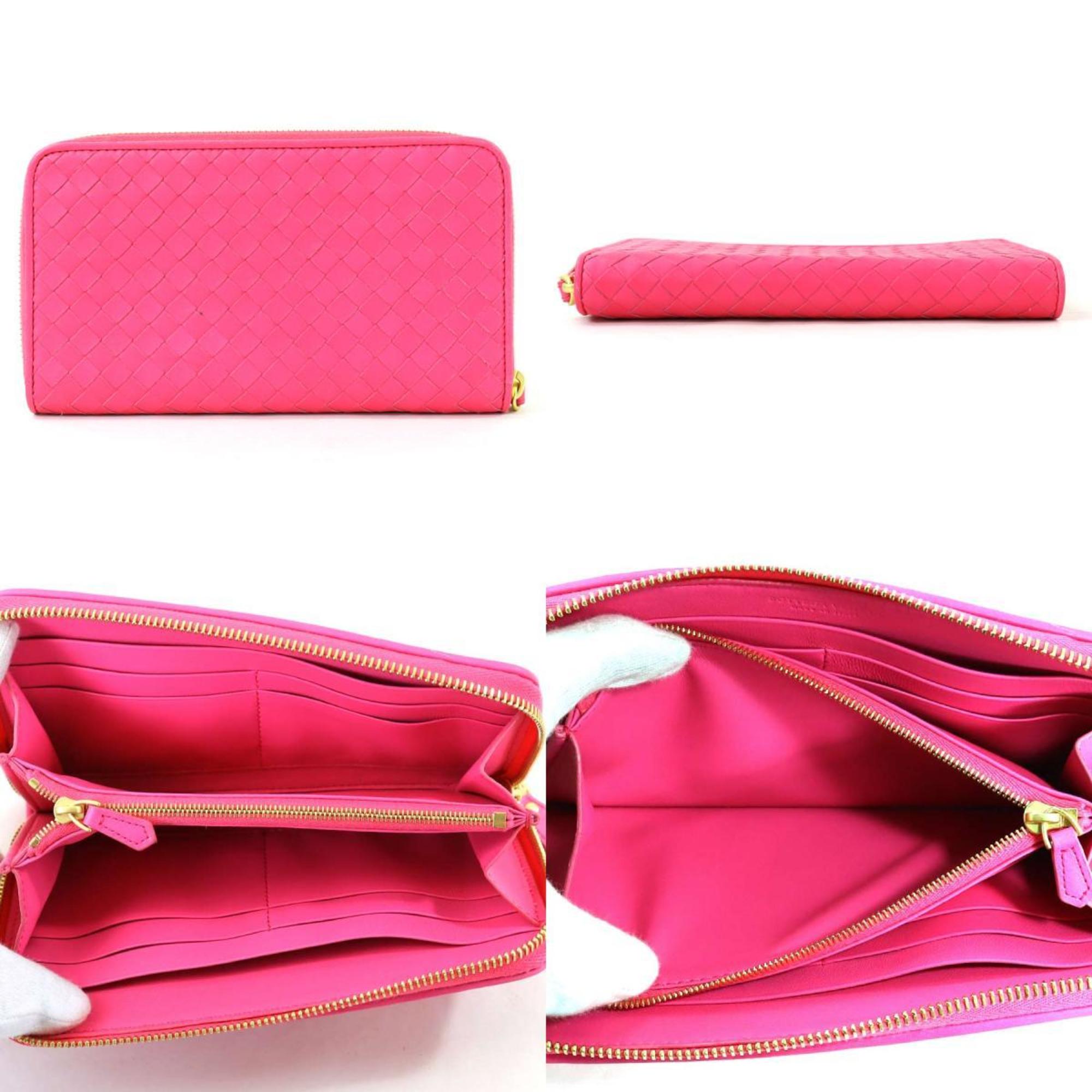 Bottega Veneta BOTTEGAVENETA Round Zipper Long Wallet Intrecciato Leather Pink Gold Women's