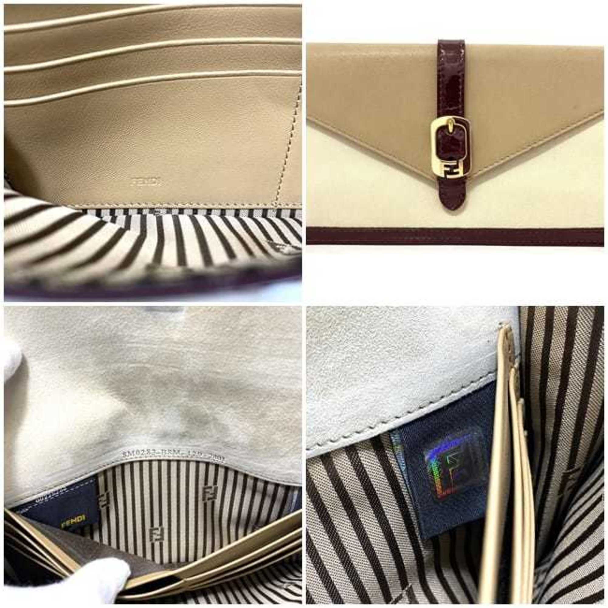 Fendi Bifold Long Wallet White Beige Wine Red Chameleon 8M0283 Patent Leather FENDI Flap Clutch Bag Belt Women's