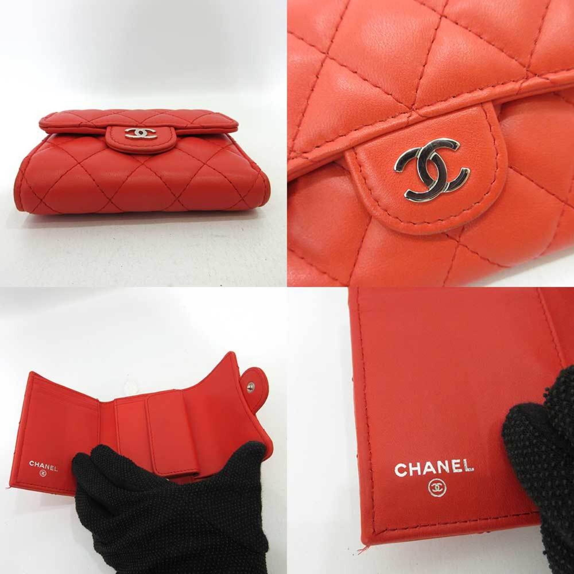Chanel Wallet Small Orange Red Series Silver Metal Fittings Mini Trifold Matelasse Women's Lambskin CHANEL