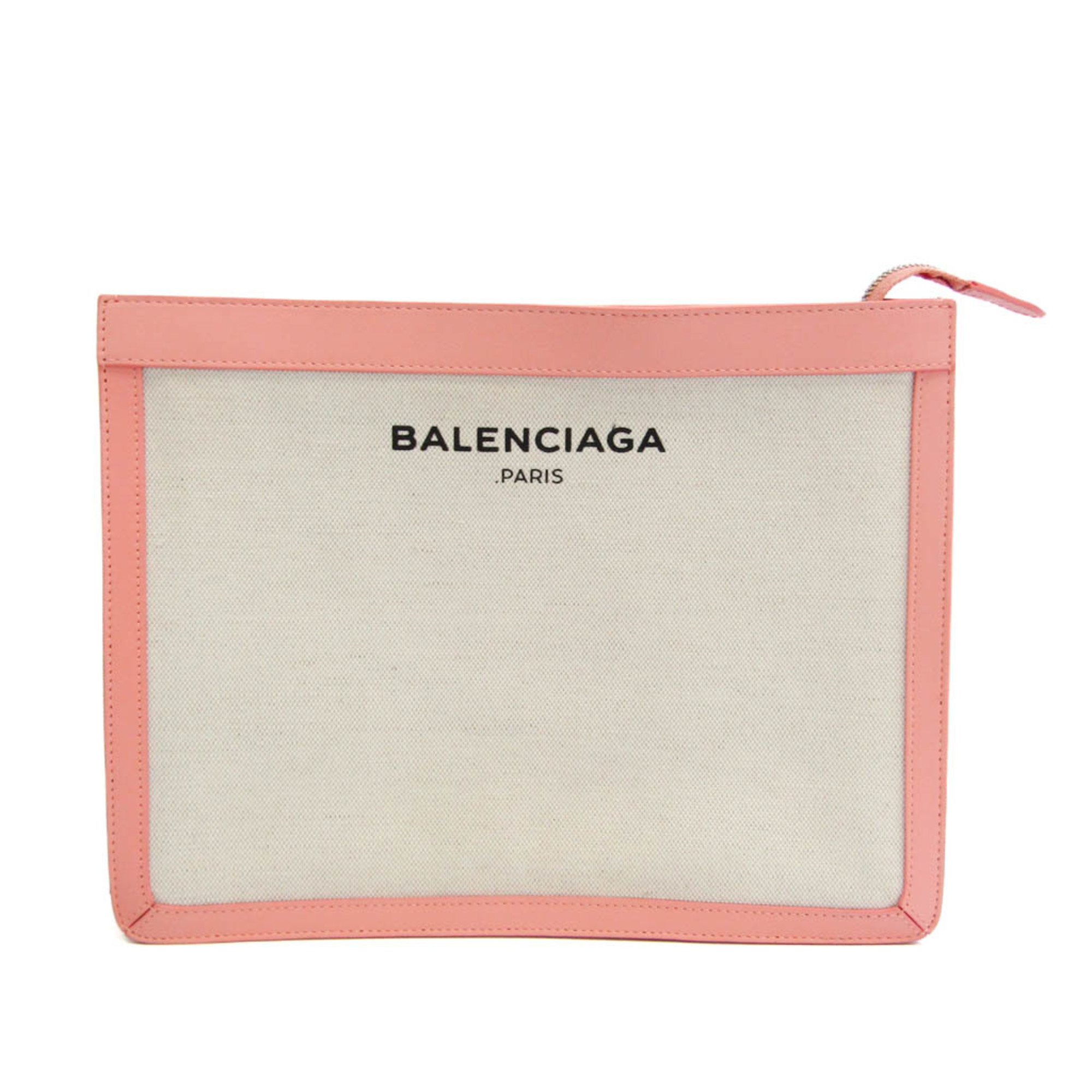 Balenciaga Classic 410119 Women's Canvas,Leather Clutch Bag Ivory,Salmon Pink
