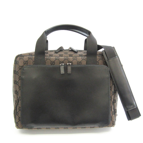 Gucci 019 0327 Men's Leather,Canvas Briefcase,Shoulder Bag Black,Dark Brown