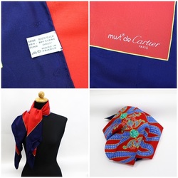Cartier Must de Silk Scarf Muffler Navy x Red Pattern Women's