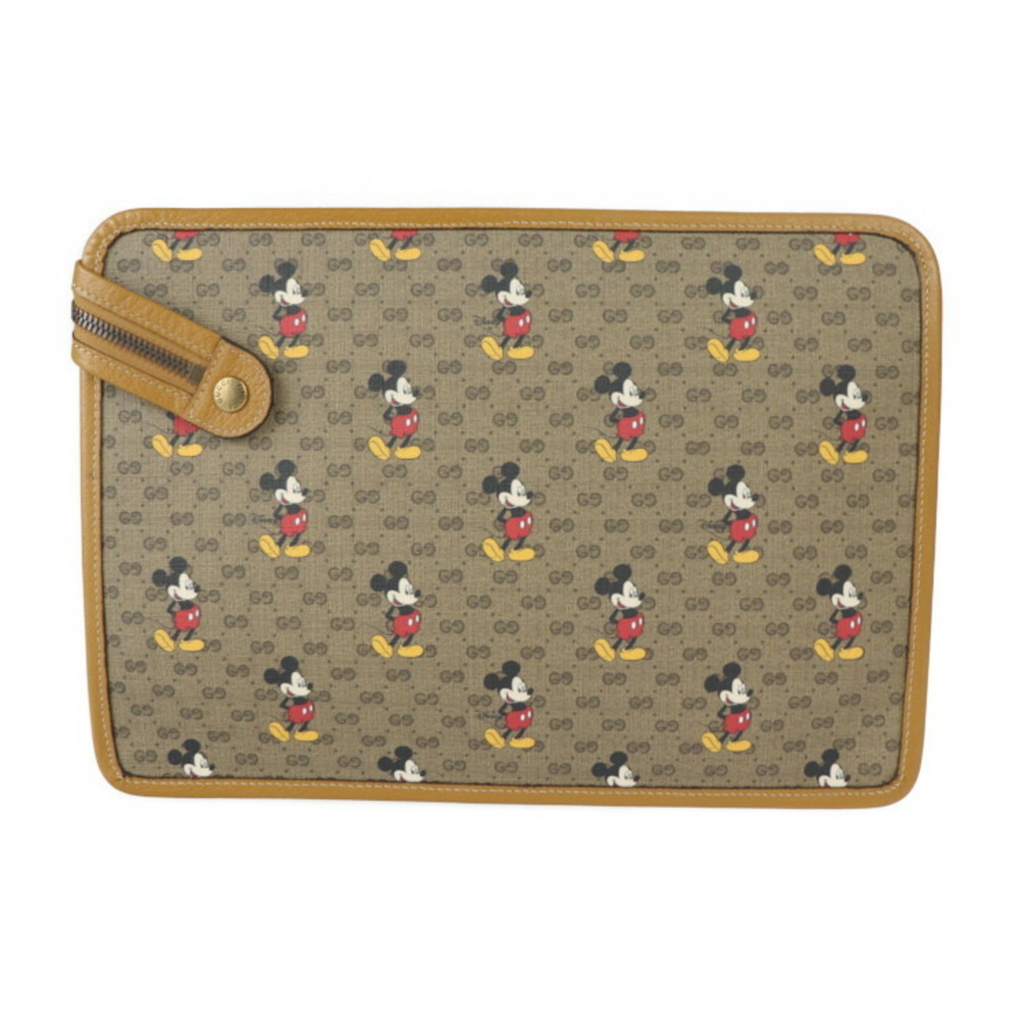 GUCCI Gucci Disney Collaboration Second Bag 602552 Micro GG Supreme Canvas Leather Beige Light Brown Gold Hardware Mickey Print Clutch Pouch