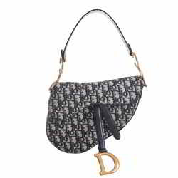 Christian Dior Oblique Jacquard Canvas Leather Saddle Bag One Shoulder Navy