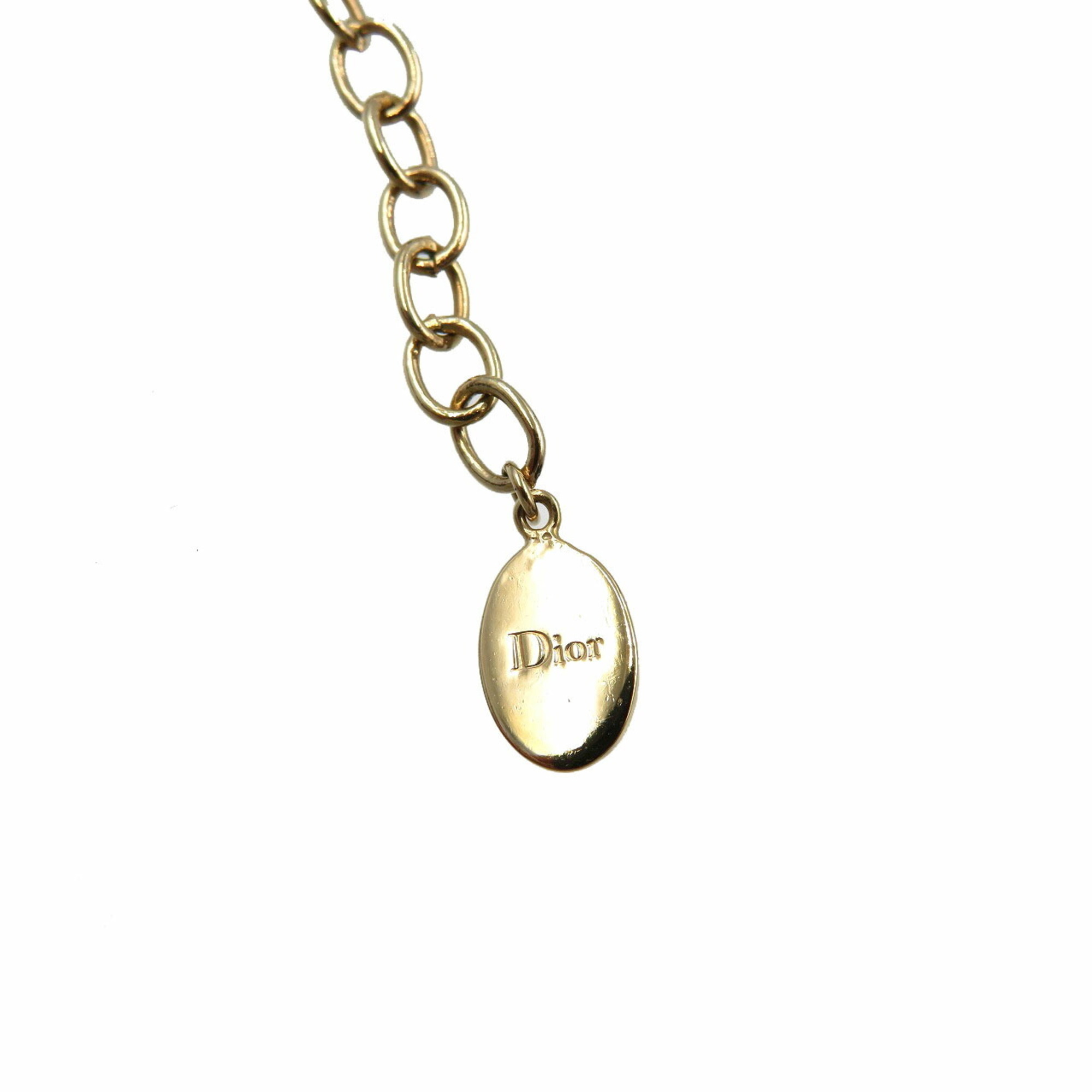 Christian Dior Ribbon Metal Rhinestone Gold Necklace