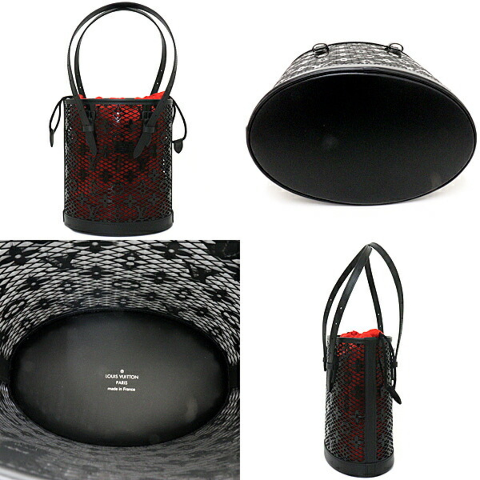 LOUIS VUITTON Louis Vuitton Bucket PM Shoulder Bag Handbag Monogram Lace Leather Patent Calf N20352 Black Red Hardware