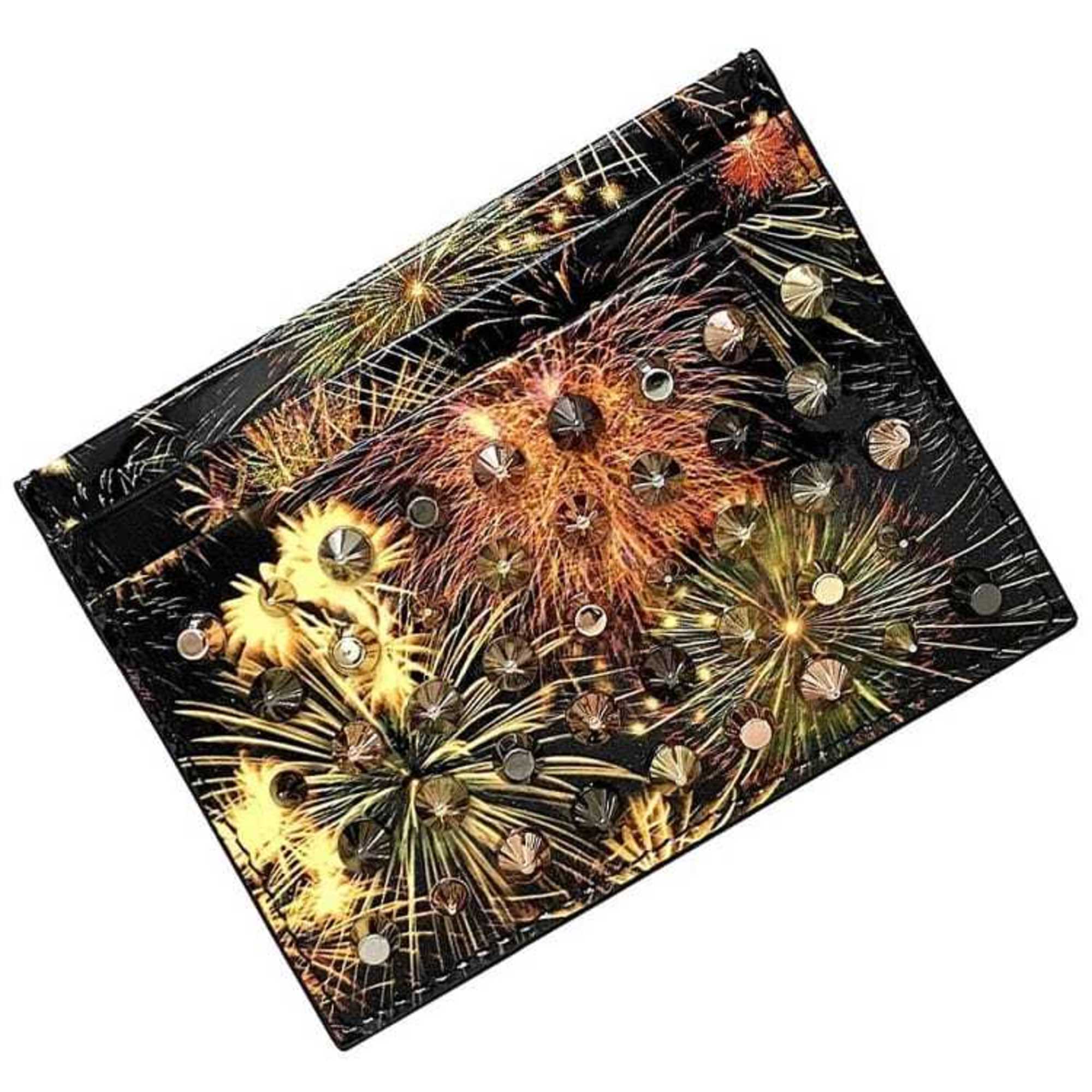 Christian Louboutin Card Case Black Gold Multicolor Fireworks Coating Leather Holder Pass Studs Women's