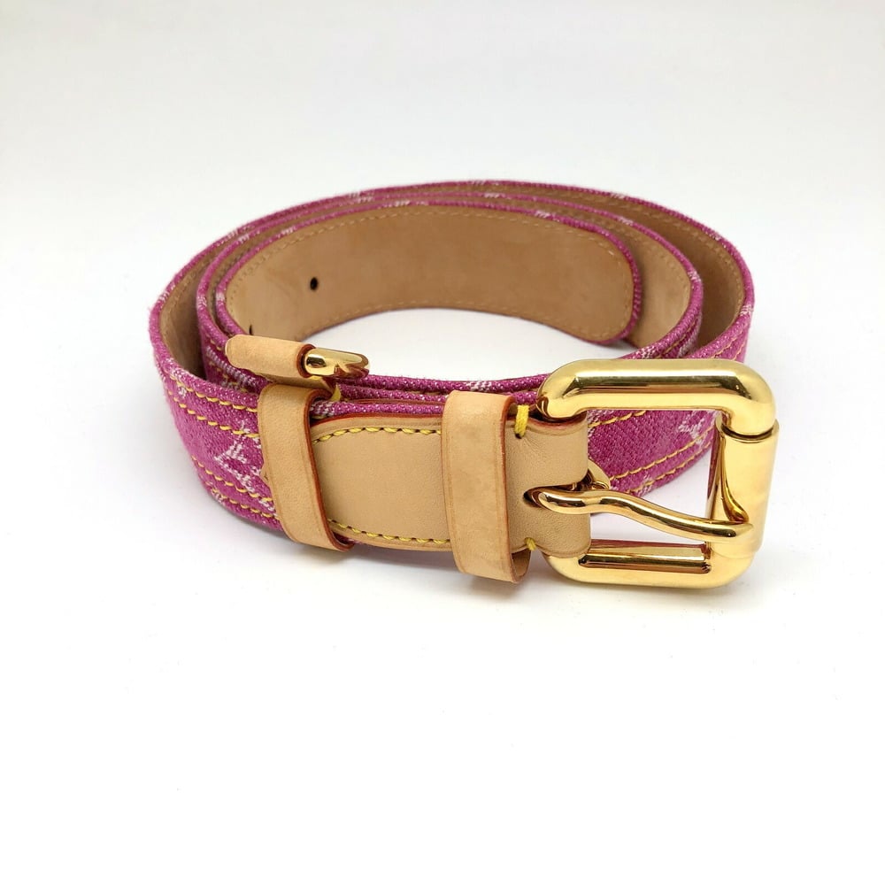 Pre-Owned LOUIS VUITTON Louis Vuitton Belt M6925W Monogram Denim Pink Gold  Metal Fittings Leather Women's (Good)