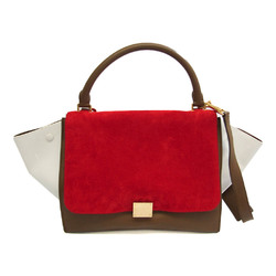 Celine Trapeze 1695430 Women's Leather,Suede Handbag,Shoulder Bag Brown,Red Color,White