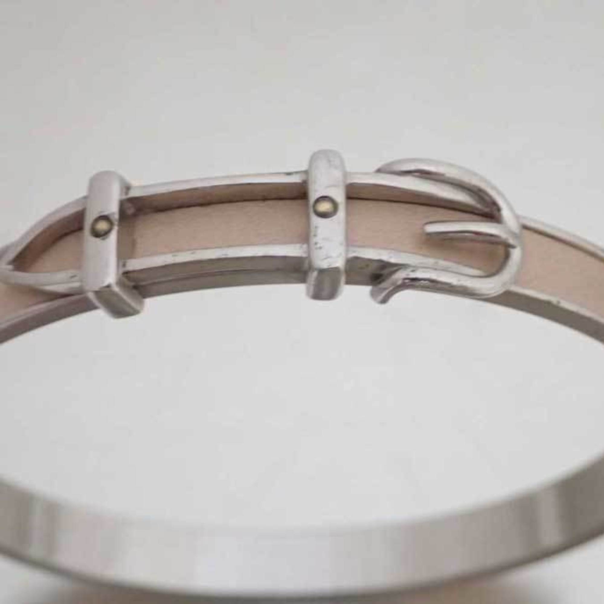 Hermes HERMES Bangle Bracelet Belt Motif Metal/Leather Silver x Light Beige Ladies