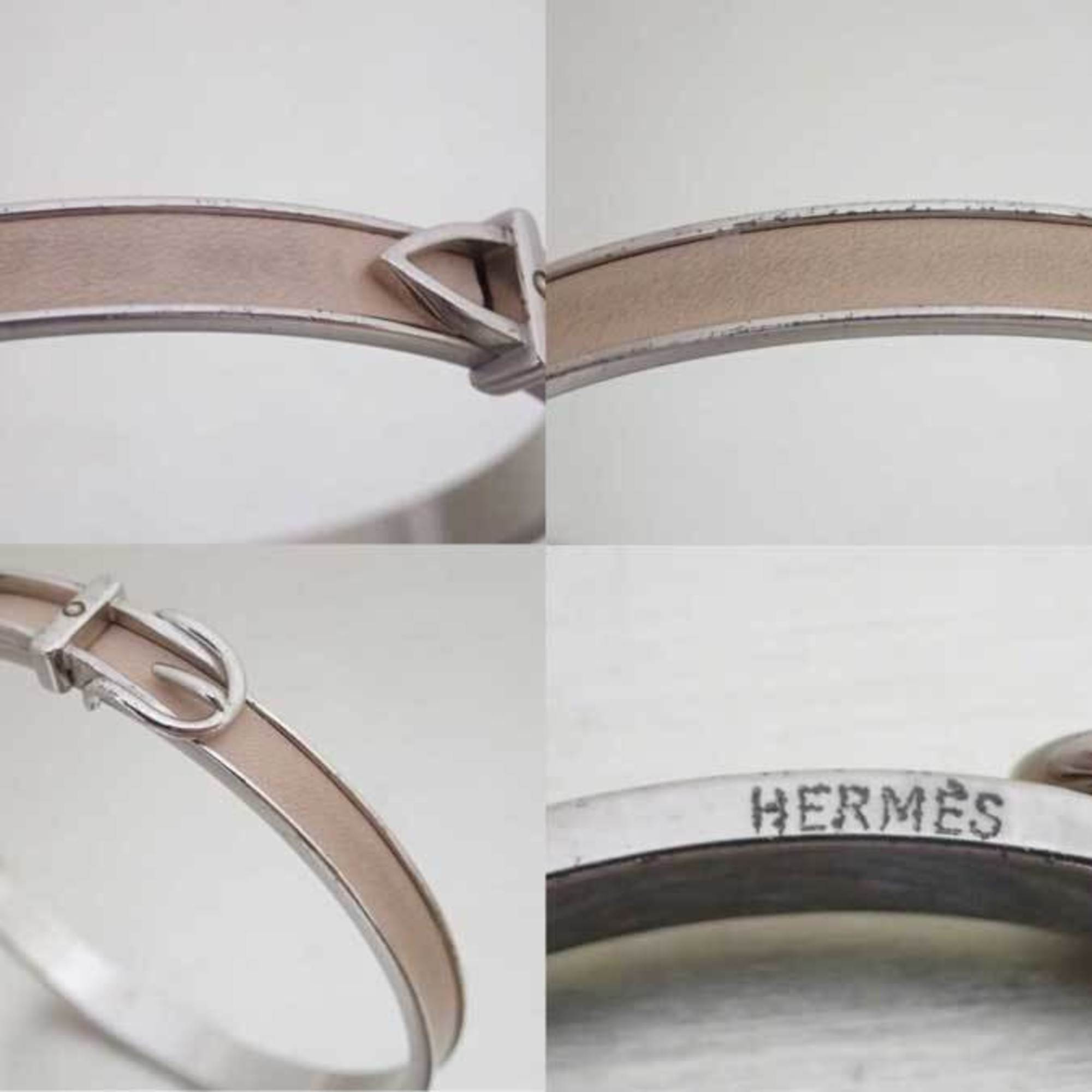 Hermes HERMES Bangle Bracelet Belt Motif Metal/Leather Silver x Light Beige Ladies