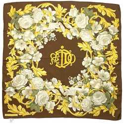 Christian Dior Stole Brown Gold Flower Silk 100% Scarf Muffler