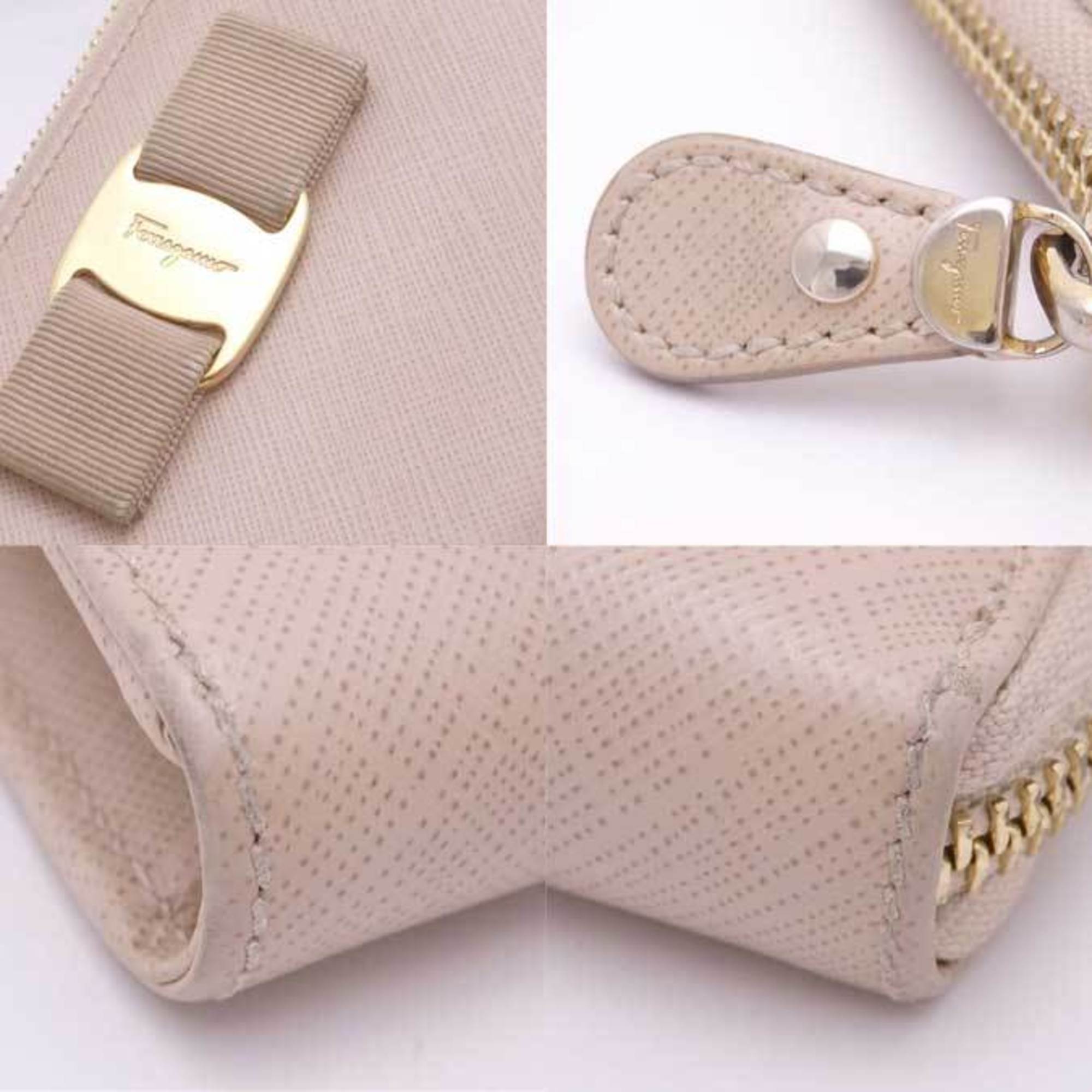 Salvatore Ferragamo L-shaped zipper long wallet Valara ribbon leather light beige gold ladies