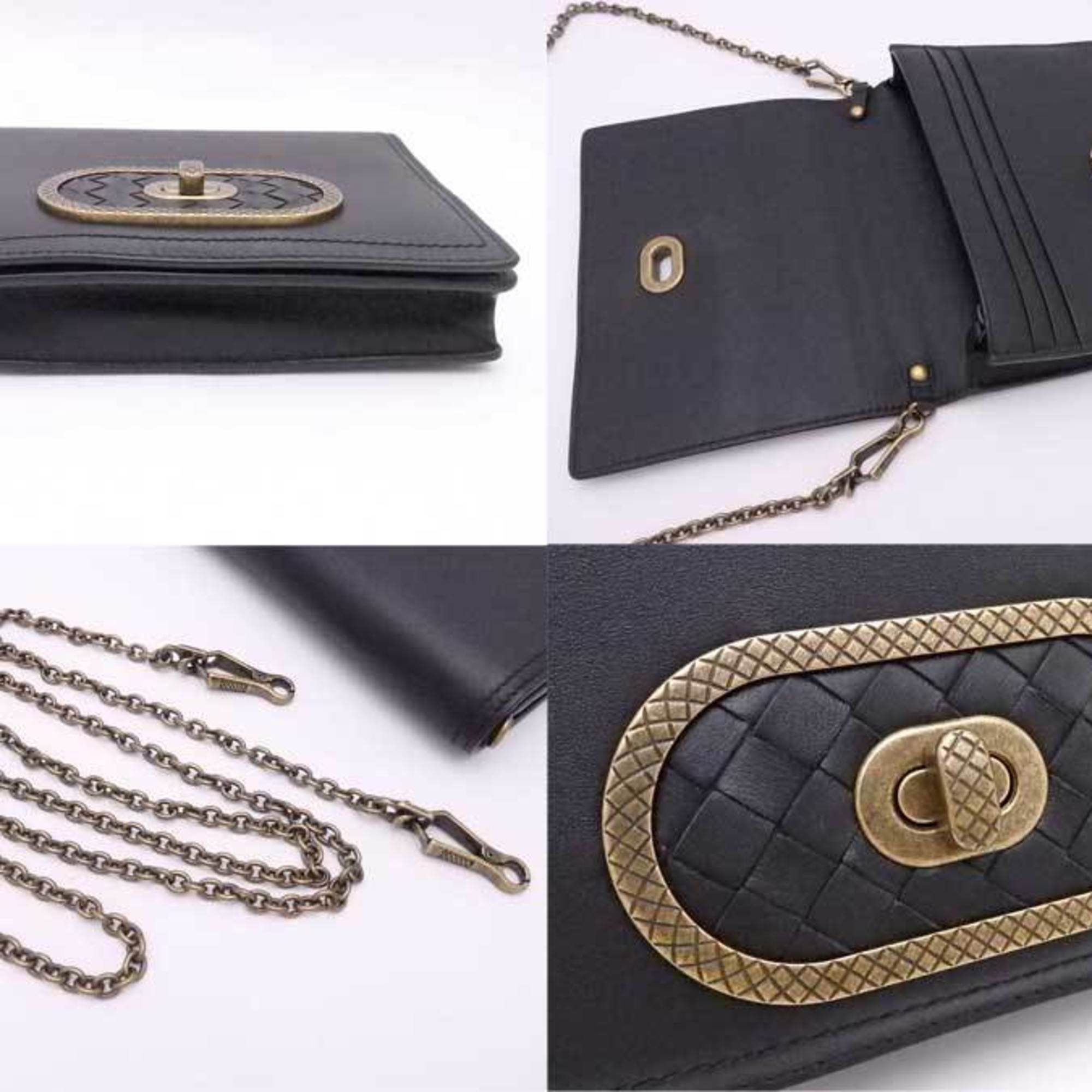 Bottega Veneta BOTTEGAVENETA Wallet Chain Intrecciato Leather/Metal Black x Gold Women's