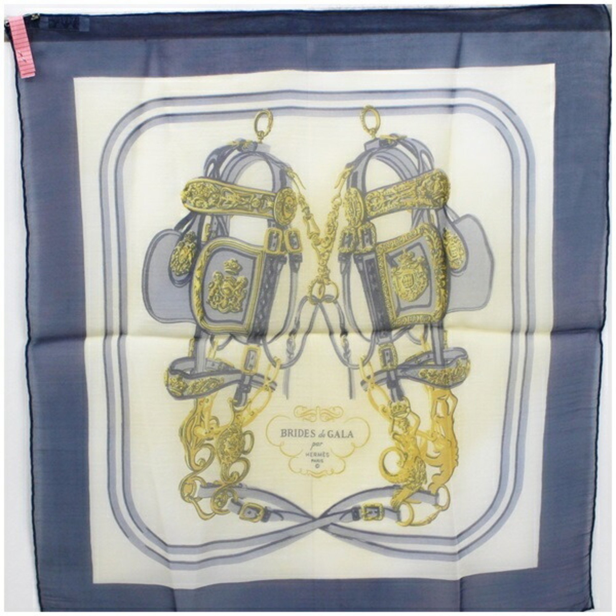 Hermes Silk Scarf Muffler Gavroche Carré 45 "BRIDES DE GALA" Ceremony Horse Bridle Blue x Beige HERMES Women's Chiffon Twill