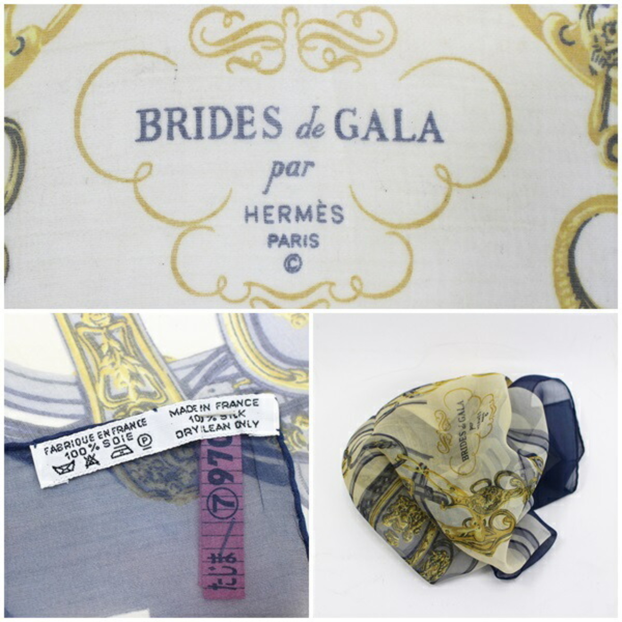 Hermes Silk Scarf Muffler Gavroche Carré 45 "BRIDES DE GALA" Ceremony Horse Bridle Blue x Beige HERMES Women's Chiffon Twill