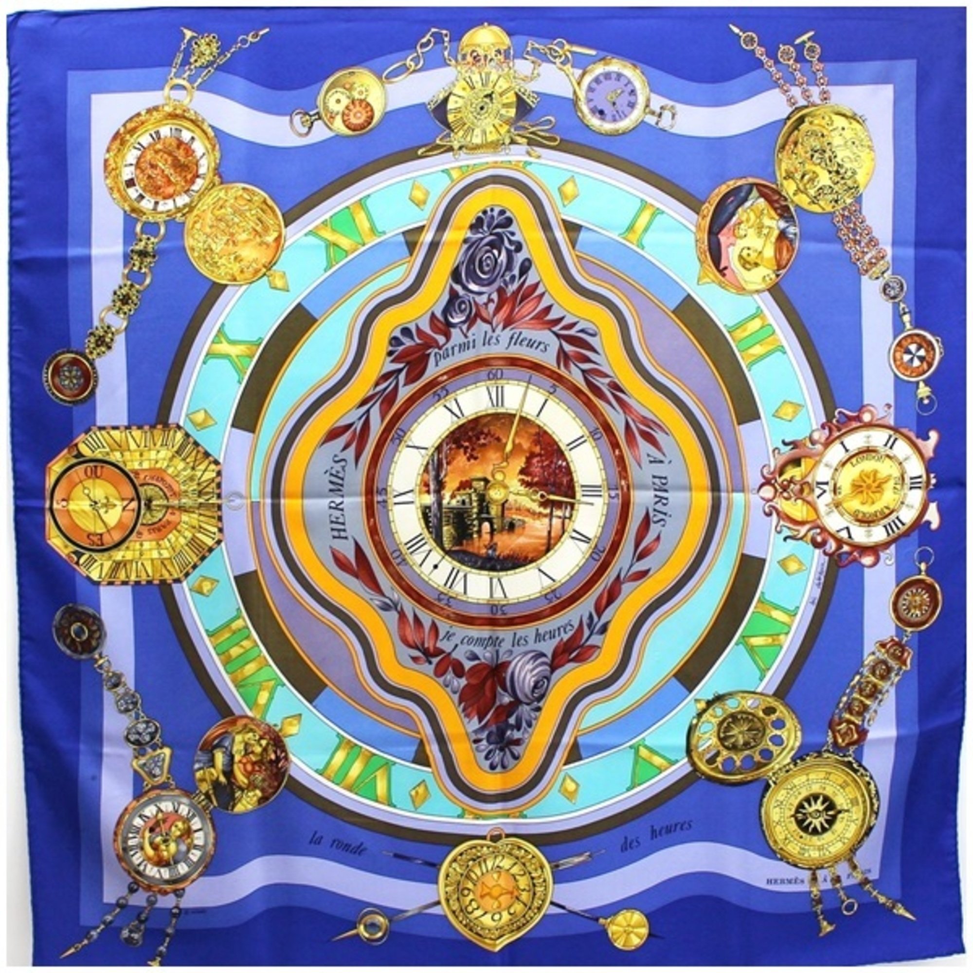 Hermes Silk Scarf Muffler Carre 90 "permi lesfleurs je compt les heures" Time spent in flowers HERMES Ladies