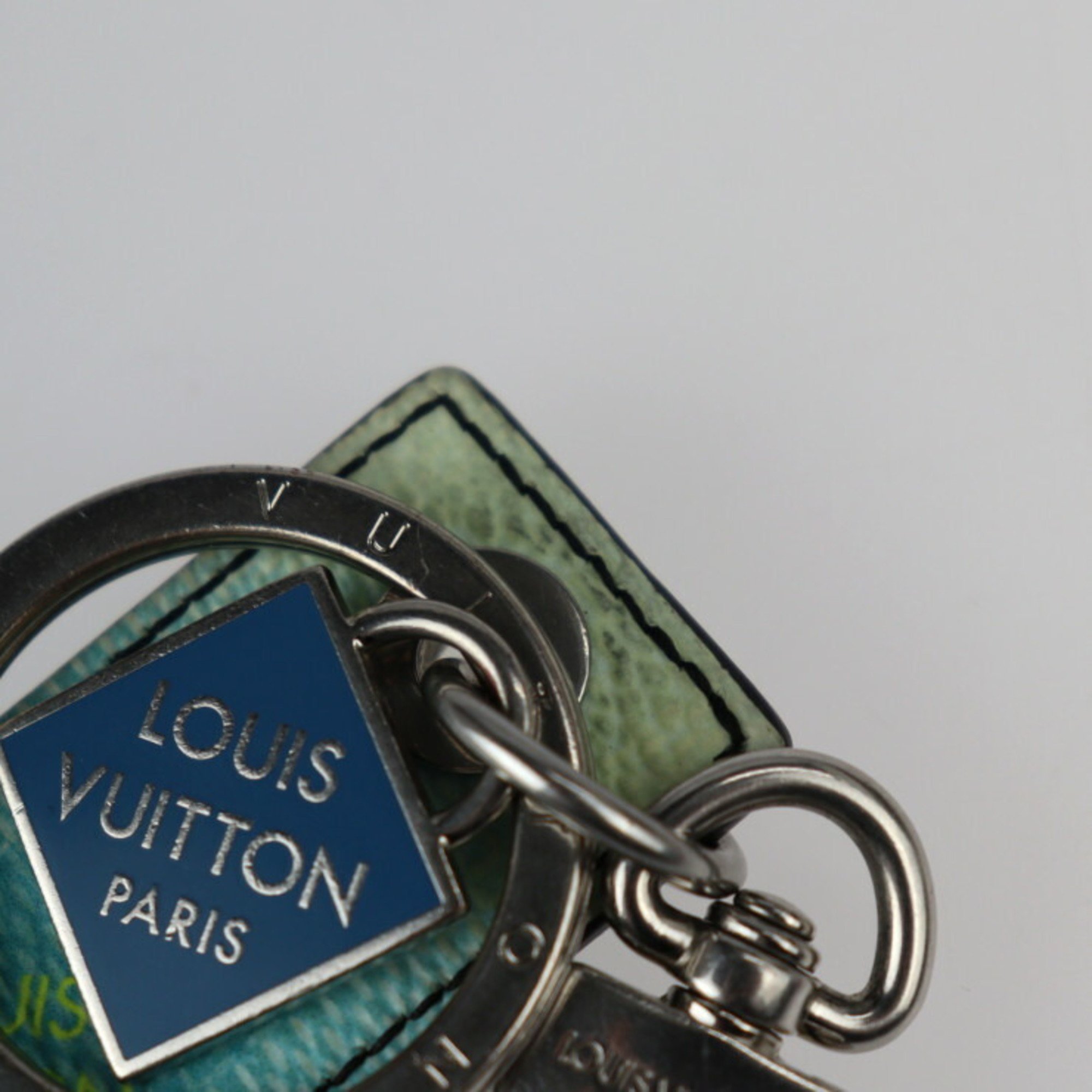 LOUIS VUITTON Louis Vuitton Portocre Damier Stripes Key Holder M00735 PVC Metal Blue Veil Silver Fittings Ring Bag Charm