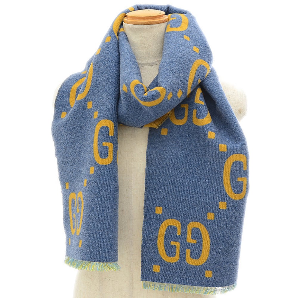 Gucci GG Jacquard Wool Silk Scarf Stole Muffler Blue/Yellow 495592