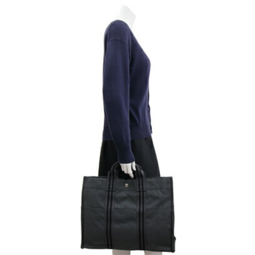 Hermes Handbag Four Tote MM Gray Black Cotton Canvas Bag Women's