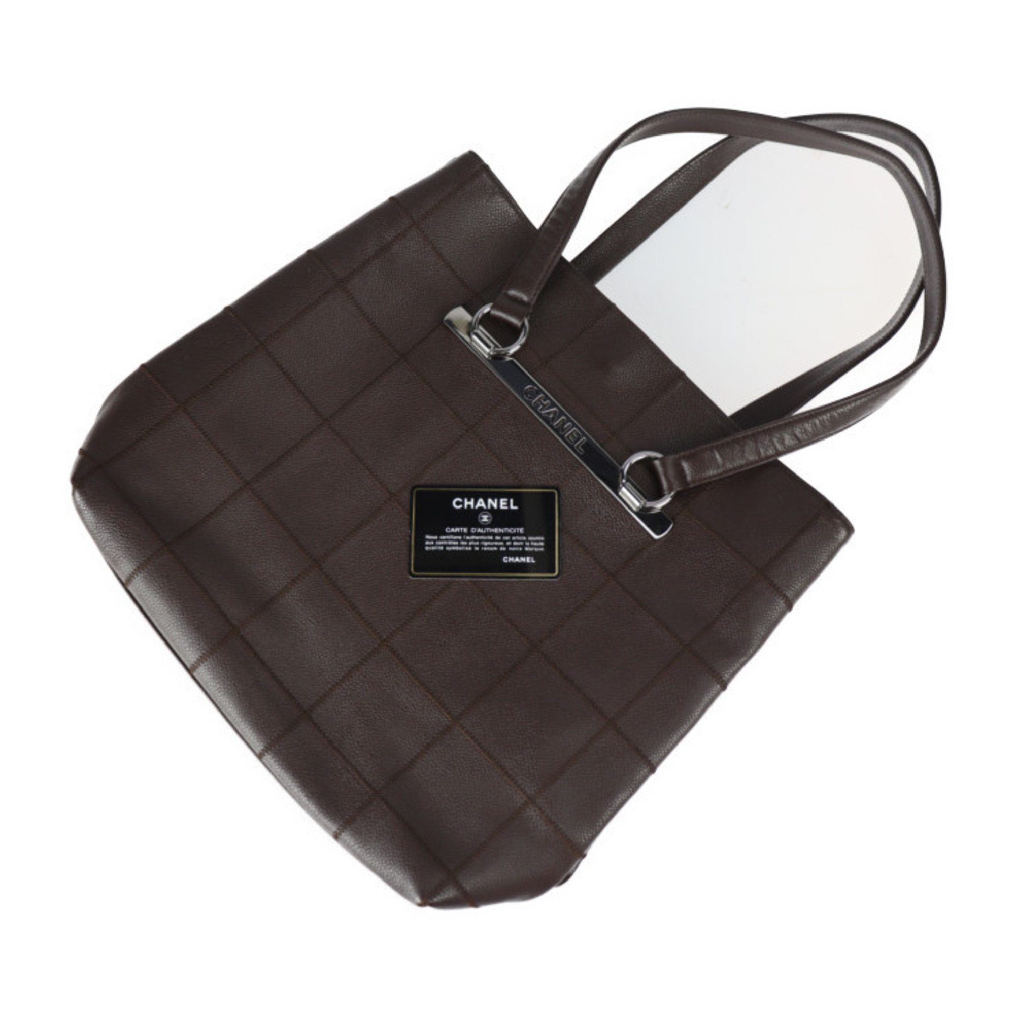 CHANEL Chanel chocolate bar tote bag caviar skin dark brown silver metal fittings shoulder wild stitch 9 series