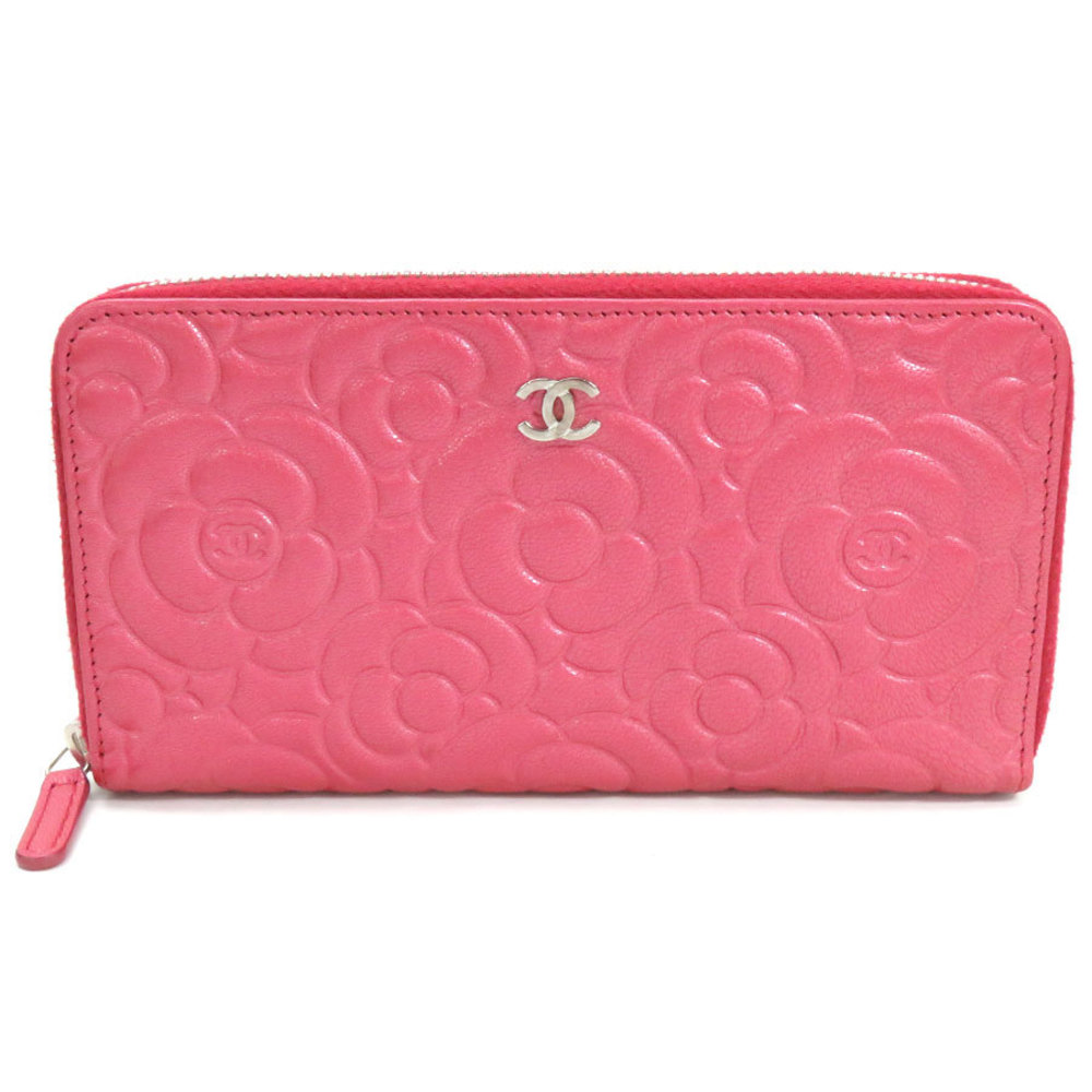 Chanel Round Long Wallet Cocomark Camellia Pink Caviar Skin Women's A82281