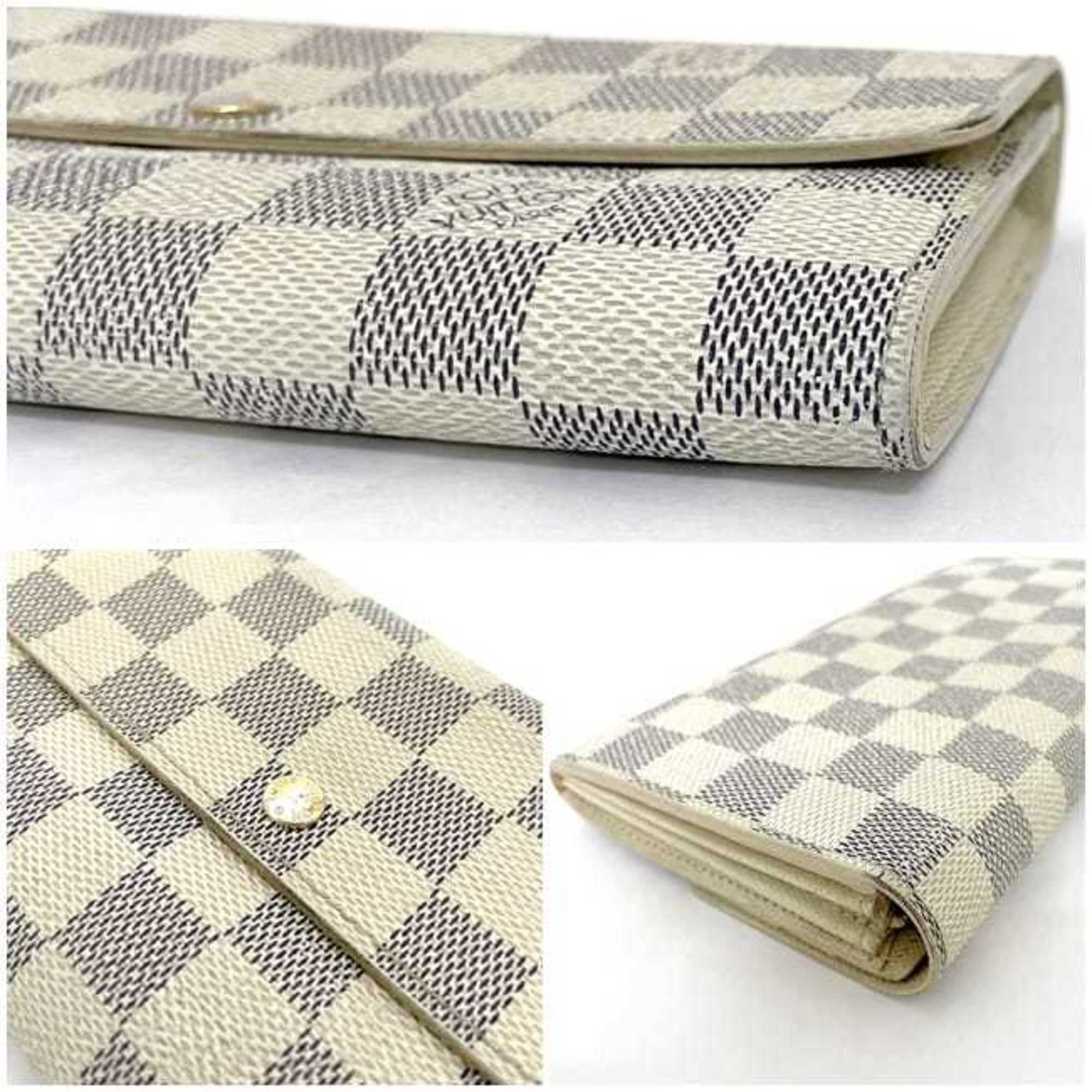 Louis Vuitton Long Wallet Portefeuille Sarah Gray White Damier Azur N61735 Bifold Canvas MB4007 LOUIS VUITTON Flap Plaid Men's