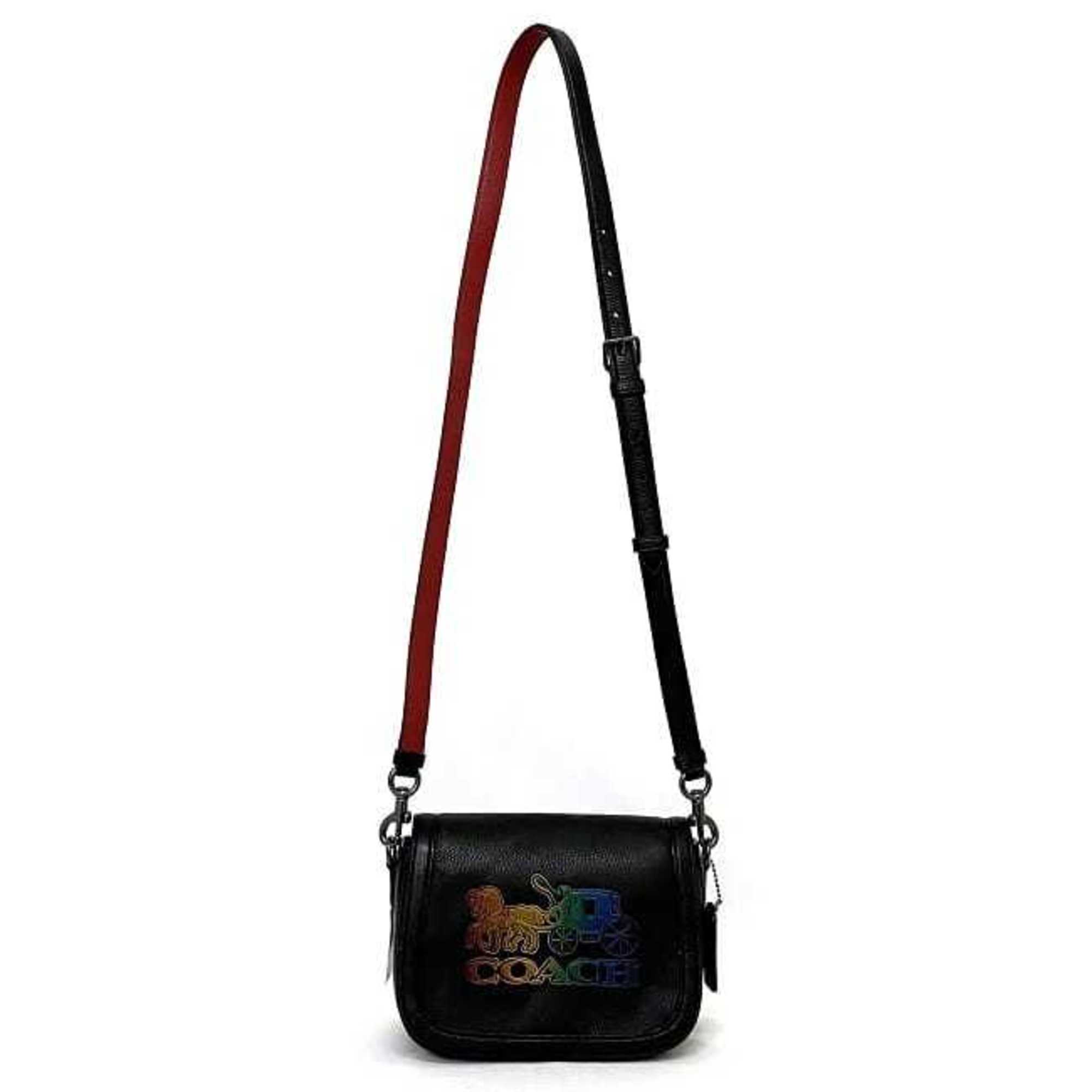 Coach shoulder bag black rainbow horse and carriage C6804 leather COACH flap saddle