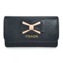 Prada PRADA Key Case Leather Black x Pink Beige Gold Women's