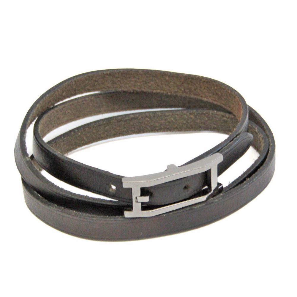 Hermes Hapi Triple Bracelet Choker Leather,Metal Bangle Black,Silver
