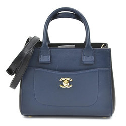 Chanel CHANEL Handbag Diagonal Shoulder Bag Neo Executive Tote Leather Navy x Black Gold Women's