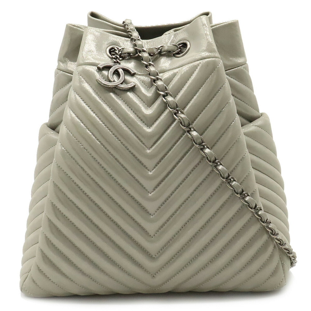 CHANEL Chanel Chevron V Stitch Drawstring Shoulder Bag Chain Coated Leather  Silver A91136