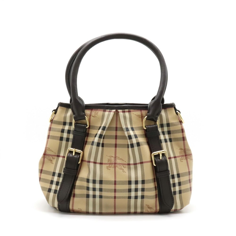 BURBERRY Nova Check Hand Bag PVC Leather Beige Authentic