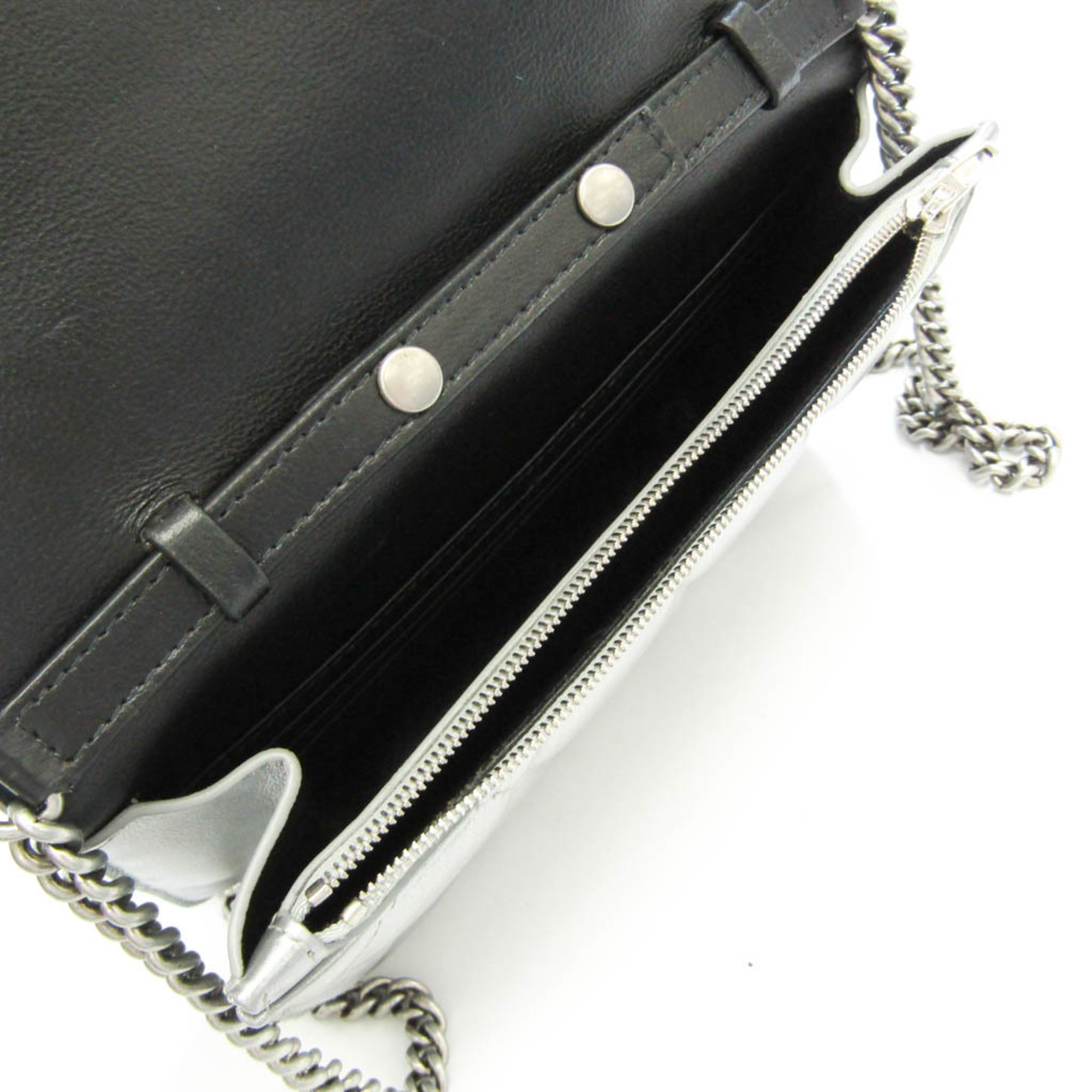 Balenciaga B.593615 Women's Leather Chain/Shoulder Wallet Silver