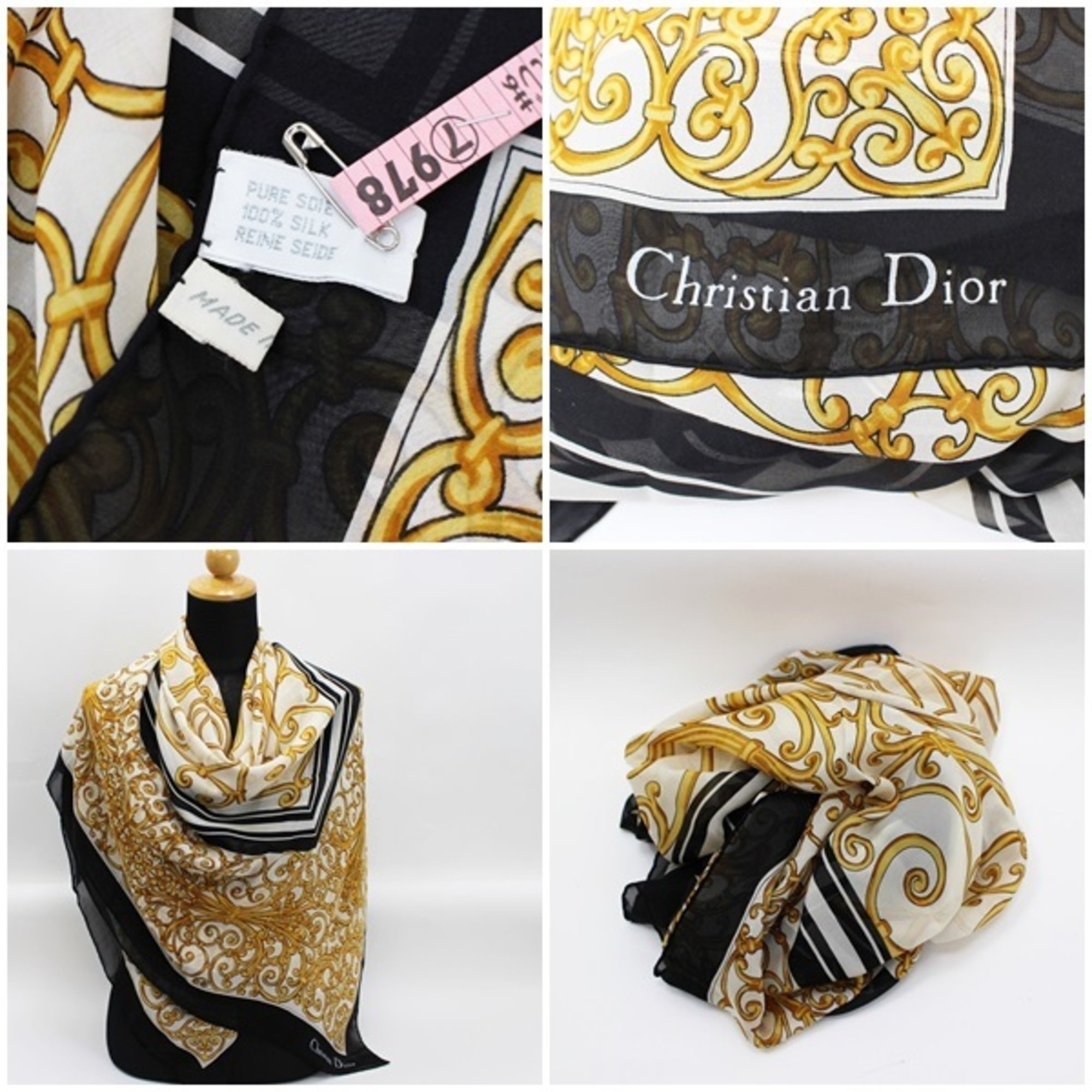 Christian Dior Large Silk Scarf Muffler Black x White Chiffon Women's