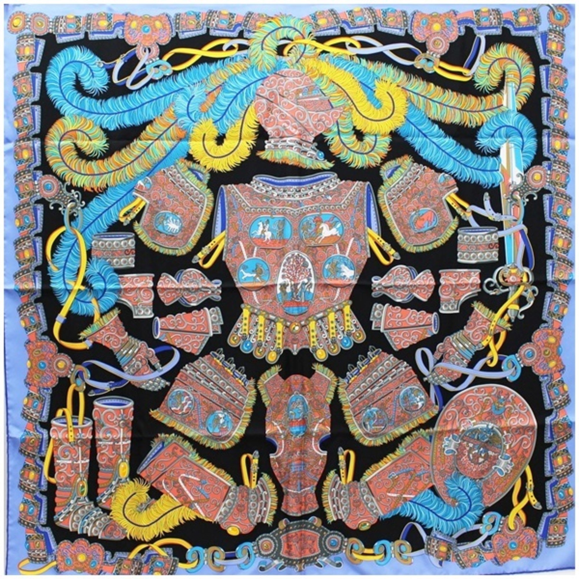 Hermes Silk Scarf Muffler Carre 90 "SOUS LEGIDE DE MARS" War God Mars Black x Multicolor HERMES Women's Tapestry