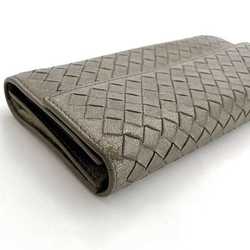 Bottega Veneta Bifold Long Wallet Brown Metallic Intrecciato Leather BOTTEGA VENETA Flap Silver Women's