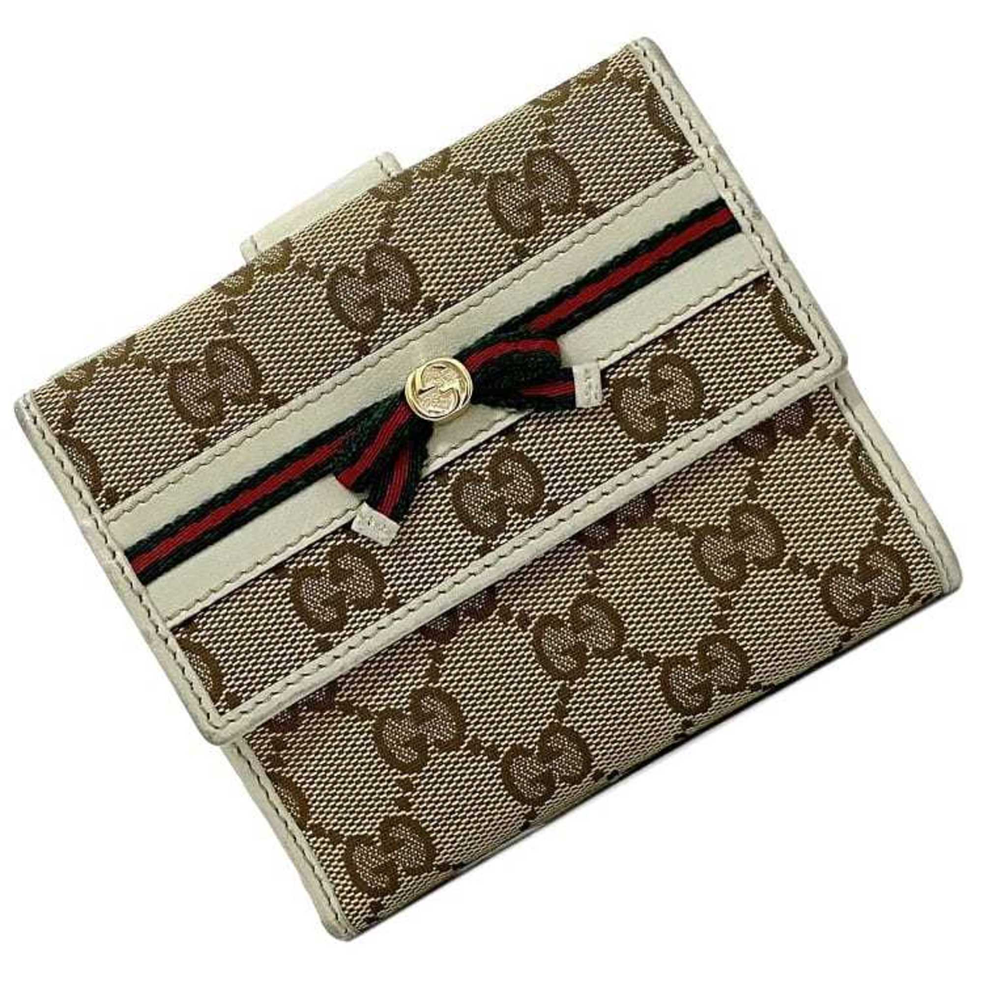 Gucci Double Wallet Beige White Sherry 256997 Canvas Leather GUCCI Folio Ribbon GG W Women's