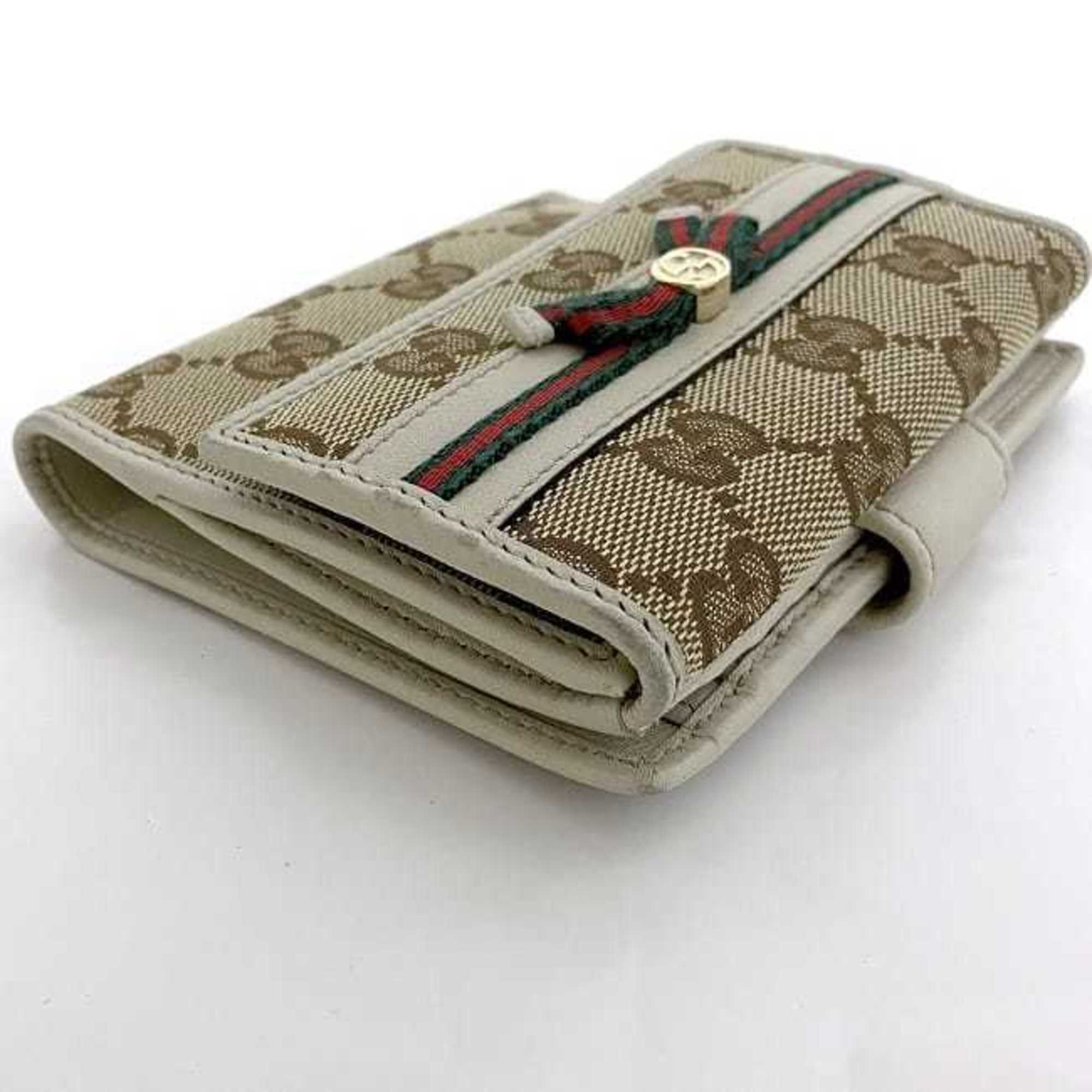 Gucci Double Wallet Beige White Sherry 256997 Canvas Leather GUCCI Folio Ribbon GG W Women's