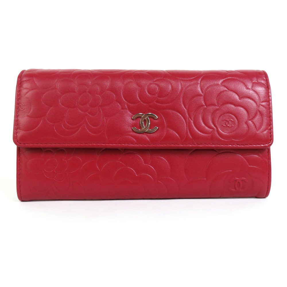 Chanel CHANEL Long Wallet Camellia Coco Mark Embossed Leather Dark