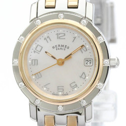 Polished HERMES Clipper Diamond Pink MOP Dial Quartz Watch CL4.222 BF559630