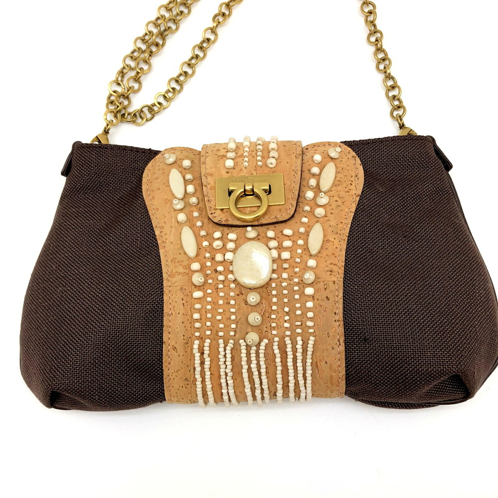 Salvatore Ferragamo Chain Shoulder Bag Canvas Mocha Brown Beige Gold  Hardware Women's Ladies