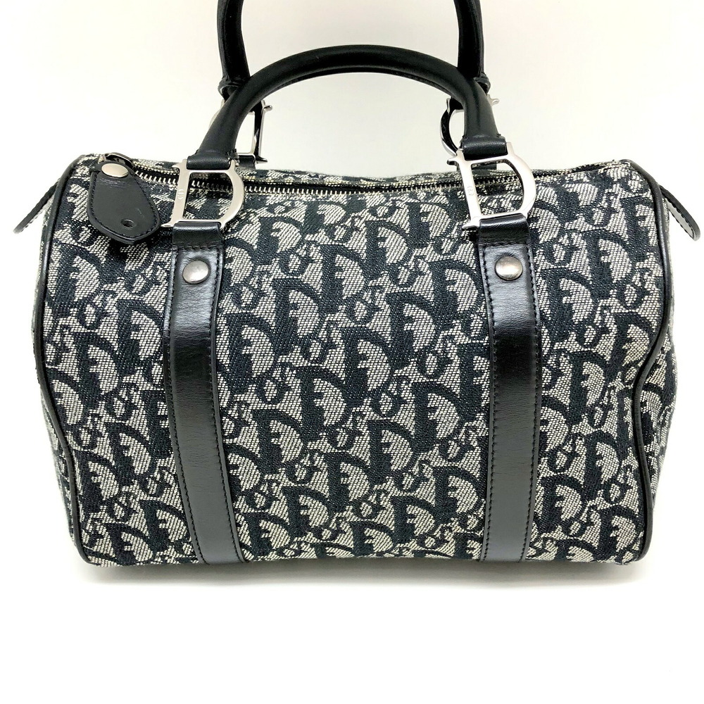 Christian Dior Mini Boston Bag Trotter Canvas Leather Black Silver Hardware  Women's