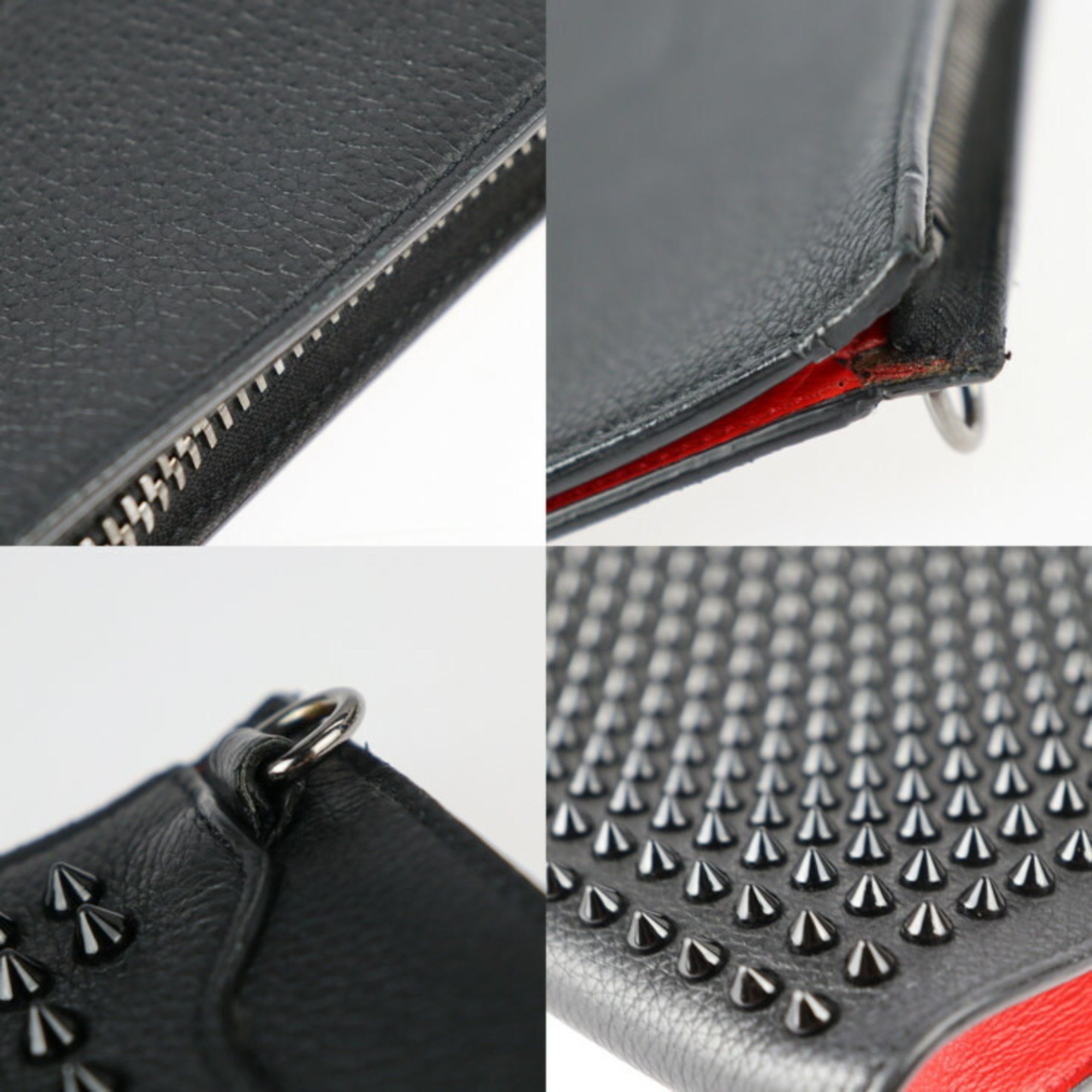 Christian Louboutin SKYPOUCH Sky Pouch Shoulder Bag 1185130 Calf Leather Black Red 2WAY Second Clutch Spike Studs