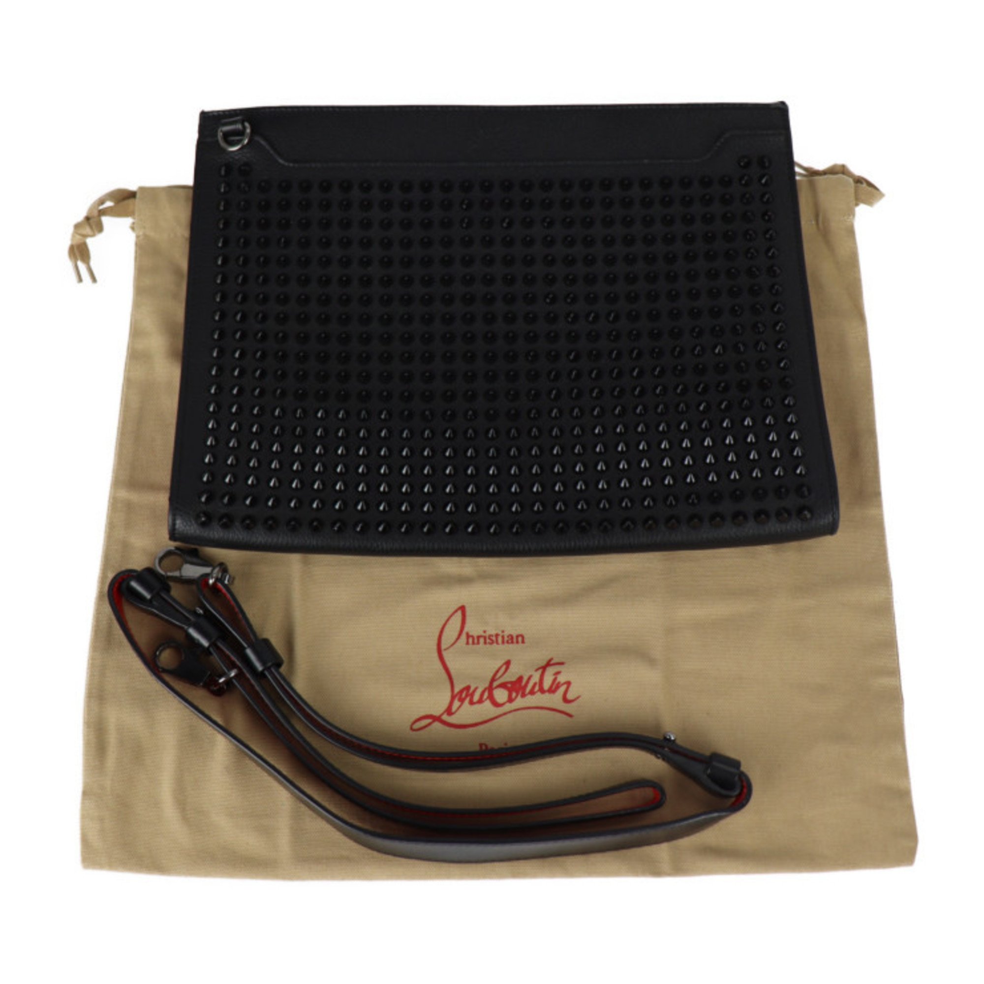 Christian Louboutin SKYPOUCH Sky Pouch Shoulder Bag 1185130 Calf Leather Black Red 2WAY Second Clutch Spike Studs