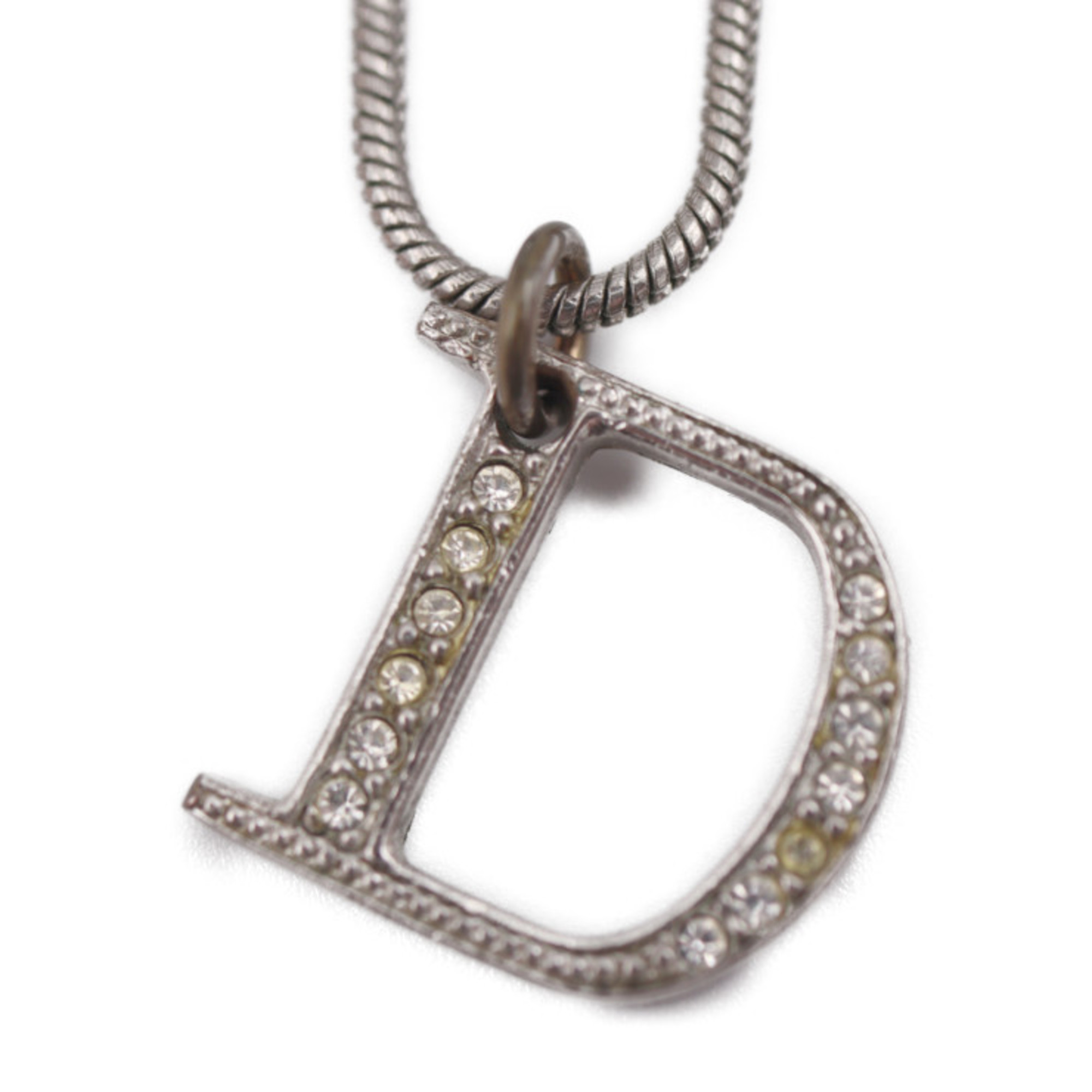Christian Dior necklace metal rhinestone silver D logo