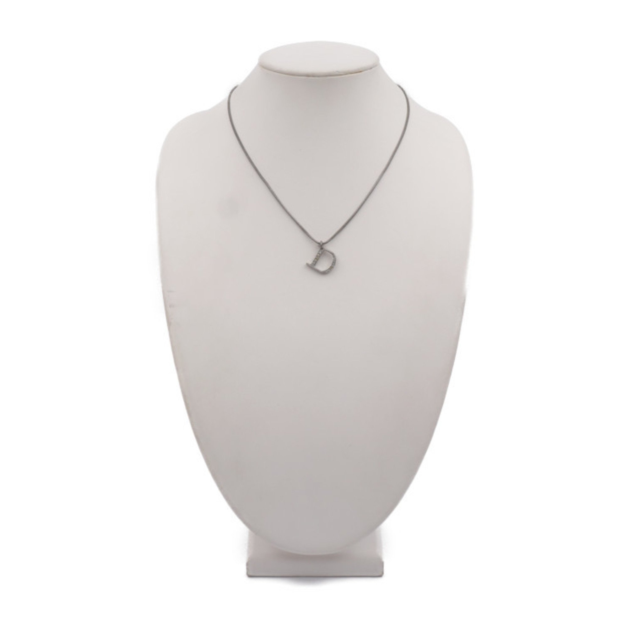 Christian Dior necklace metal rhinestone silver D logo