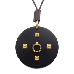 HERMES Hermes Medor Collie de Cyan Necklace Wood Leather Black Brown Gold Metal Fittings Round Pendant